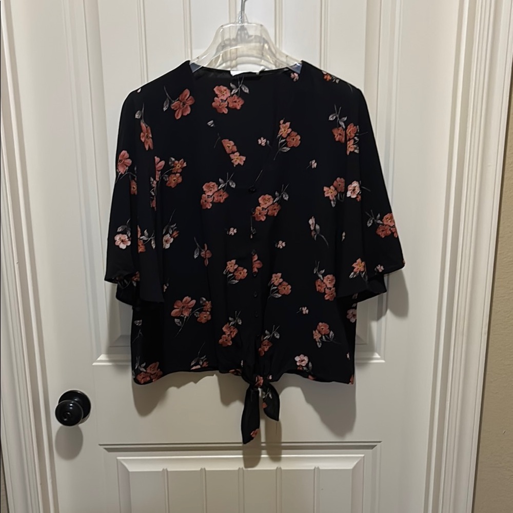Lush Blue and Black 3/4 Sleeve Boxy Tie Front Blouse